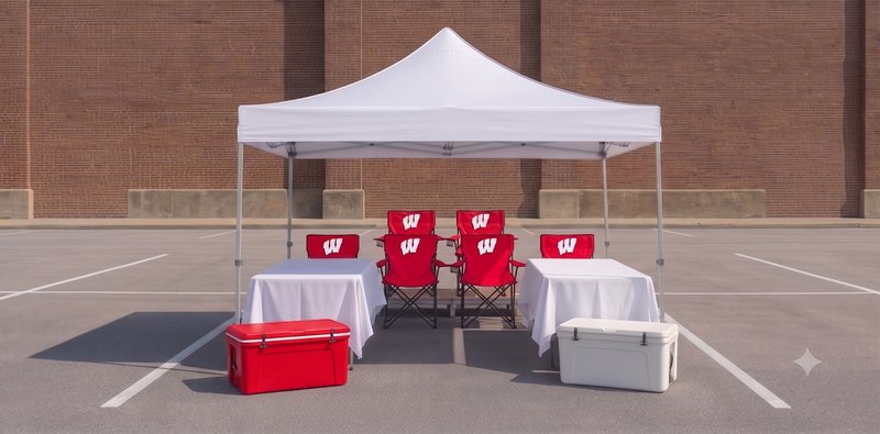 All-Star tailgate package setup with white tent, Wisconsin Badger red chairs and coolers