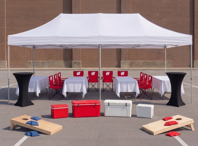Hall Of Fame tailgate package setup with 10x20 tent, Wisconsin Badger red chairs, coolers and cornhole