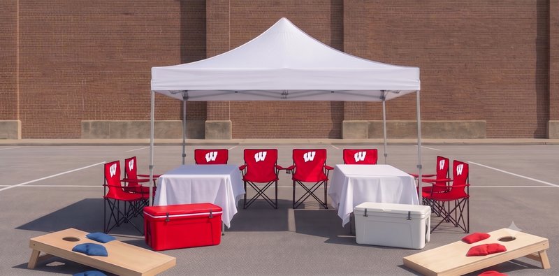 MVP tailgate package setup with white tent, Wisconsin Badger red chairs and coolers