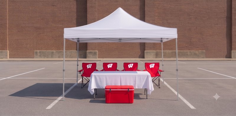 Varsity tailgate package setup with white tent, Wisconsin Badger red chairs and coolers