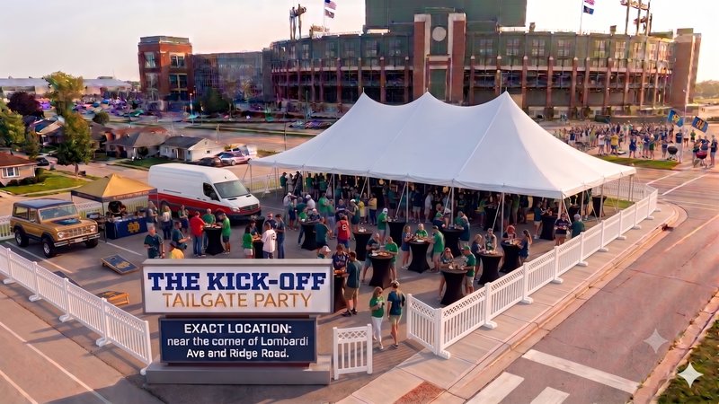 Aerial view of the Kick-Off Tailgate Party tent packed with fans outside Lambeau Field.