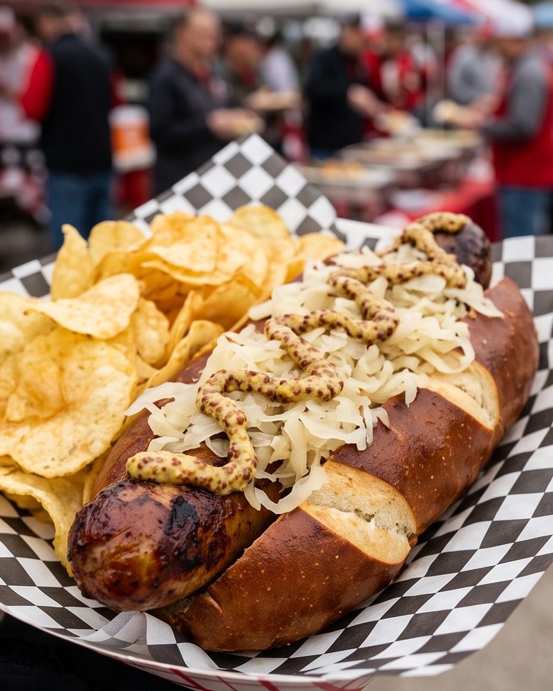 Grilled brat on a pretzel roll with sauerkraut, mustard and chips at a Badgers tailgate.
