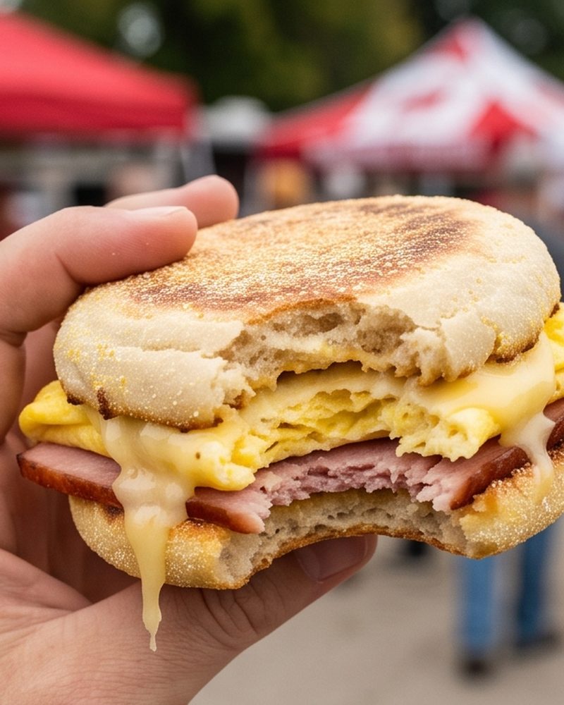 Ham and egg muffin with Fox Heritage Farms ham and Roth Grand Cru cheese.