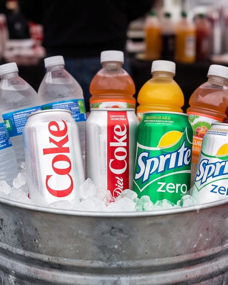 Iced bucket of Coke, Diet Coke, Sprite, Sprite Zero, bottled water and juice.
