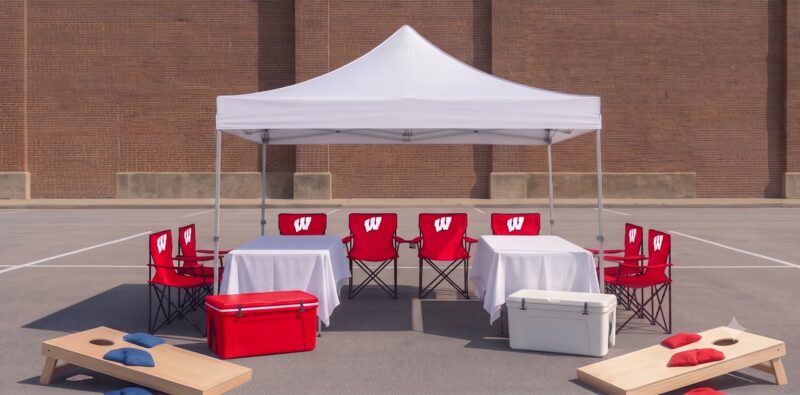 MVP Cabana package rendering — 10x10 tent, two tables and 8 Wisconsin Badgers chairs with two coolers and a cornhole set.