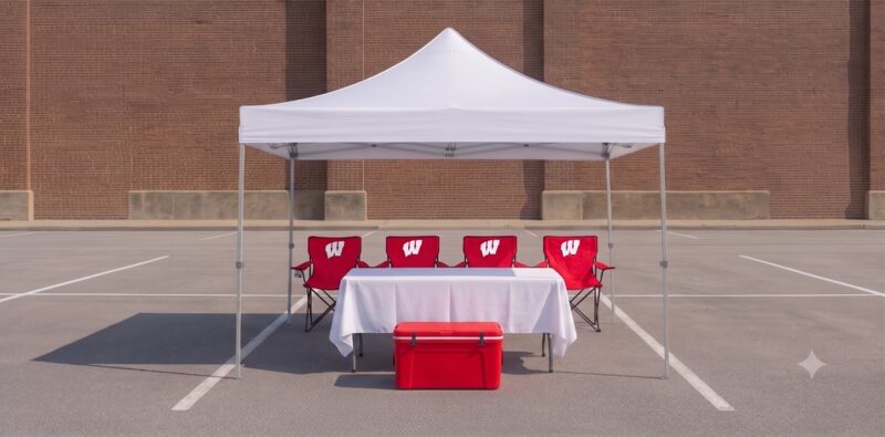 Varsity Cabana package rendering — 10x10 tent, table and 4 Wisconsin Badgers chairs with a cooler.
