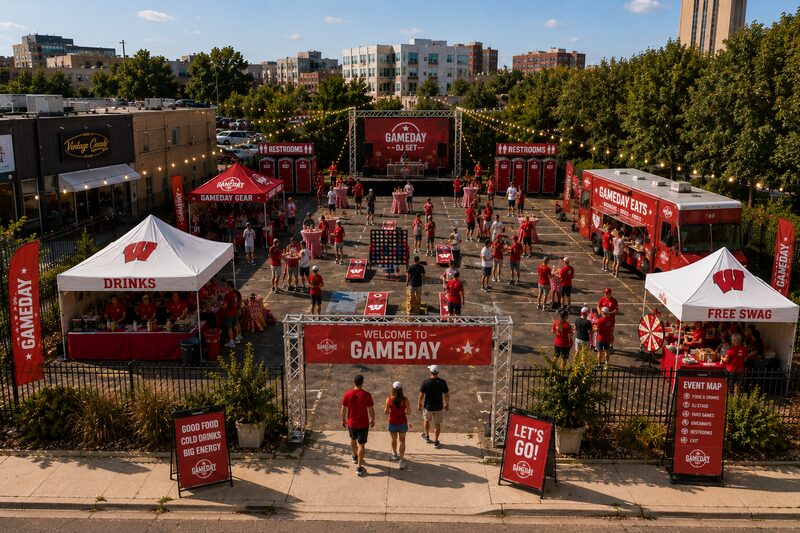 AI-generated concept rendering of the Regent Street Fan Fest layout with tents, a food truck, DJ stage and games.